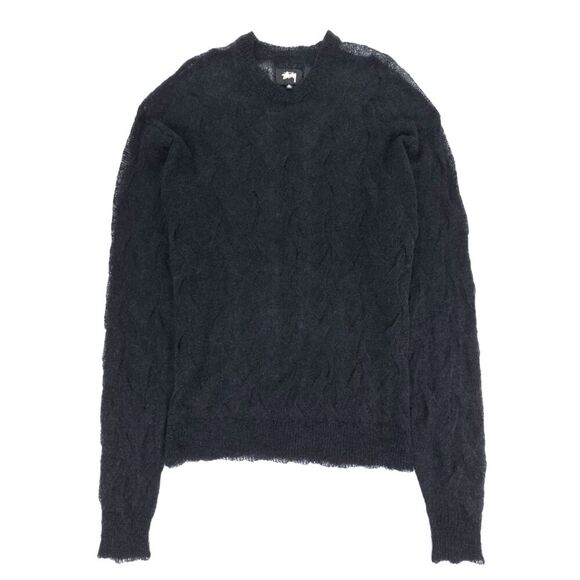 STUSSY Mohair Wool Loose Knit Cross Twist Cable Sweater Sheer Black 90s Grunge - Picture 1 of 6